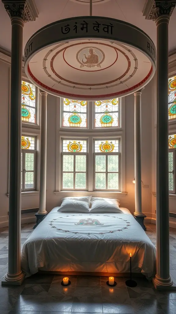 A luxurious four-poster bed with elegant drapery and stained glass windows, creating a serene atmosphere.
