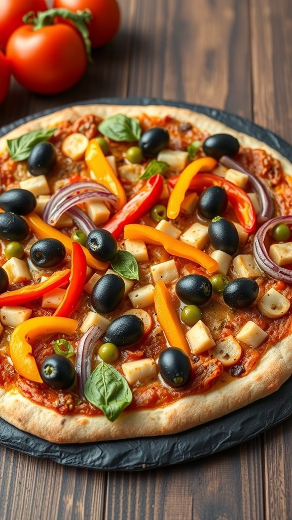 A colorful veggie supreme pizza with bell peppers, olives, and mushrooms on a gray surface.