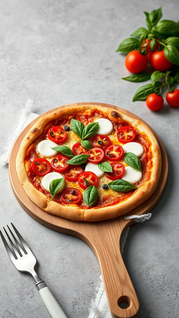 A delicious King's Landing Margherita Pizza topped with fresh tomatoes and basil.