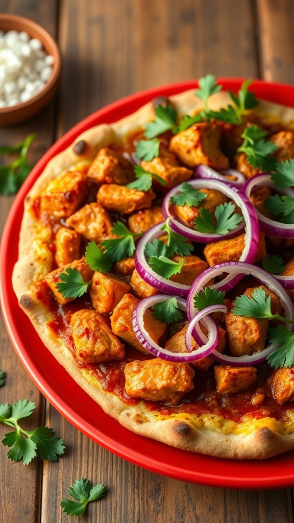 A delicious BBQ chicken pizza topped with cilantro and red onions on a wooden table.