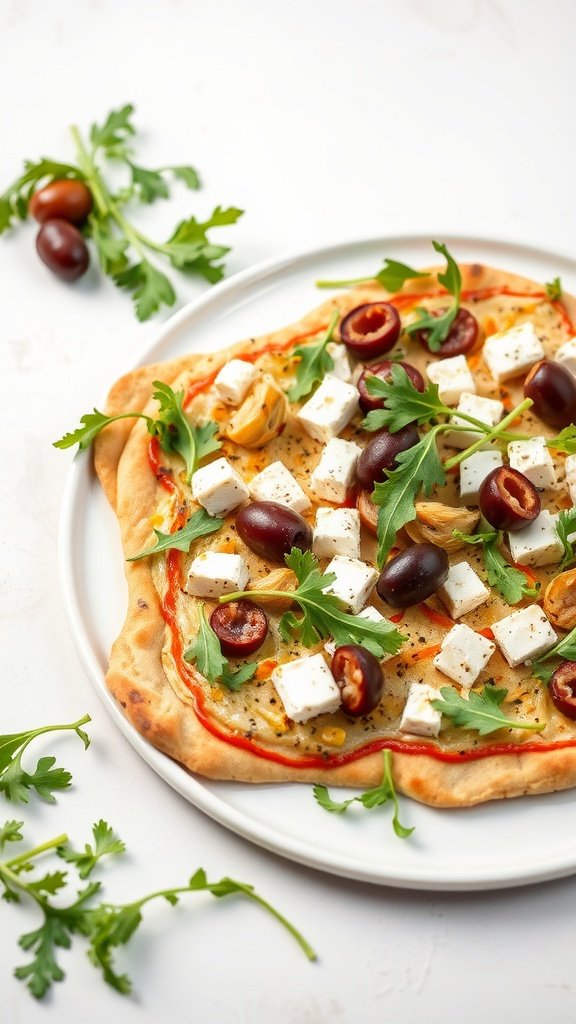 Crownlands Mediterranean Flatbread Pizza topped with feta, olives, and arugula