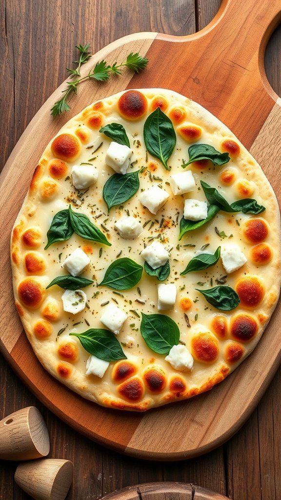 A delicious white pizza topped with spinach and garlic, ready to be served.