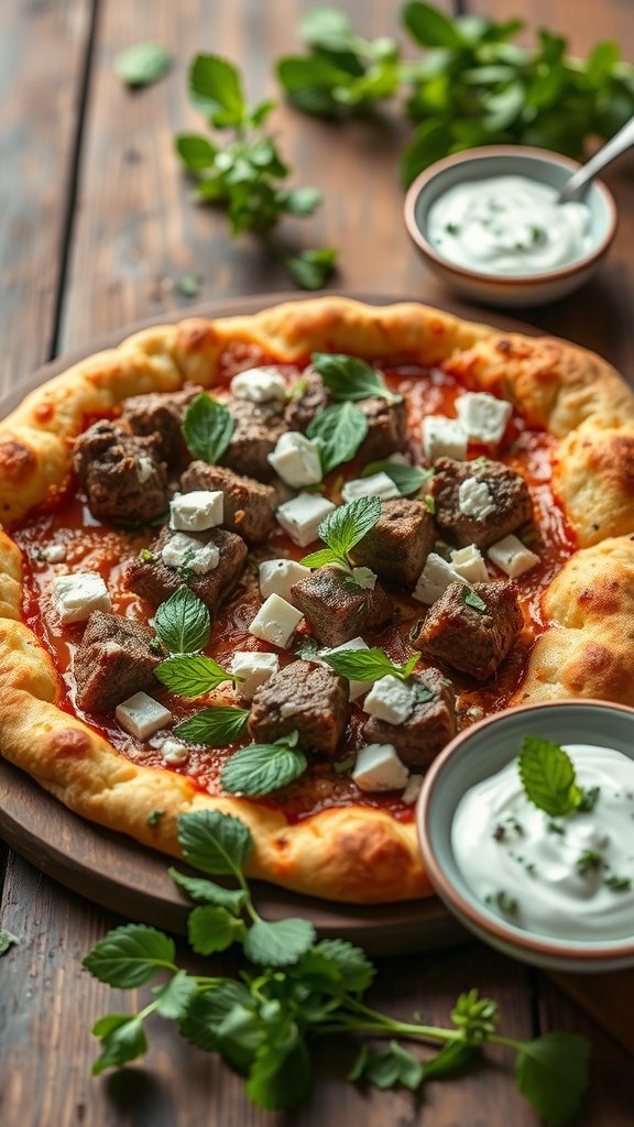 Dorne Spiced Lamb Pizza with mint leaves and yogurt on a wooden table.