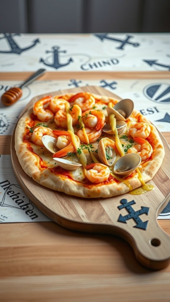 A delicious seafood pizza topped with shrimp and clams, served on a wooden pizza board.