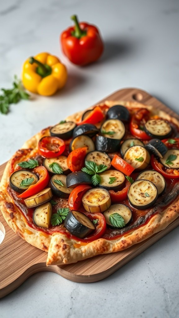 A delicious roasted vegetable pizza topped with colorful vegetables, served on a wooden board.