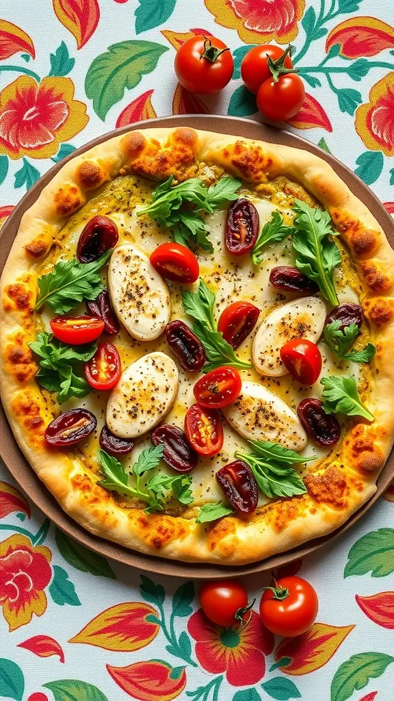 A delicious pesto chicken pizza topped with fresh arugula and cherry tomatoes on a colorful floral tablecloth.