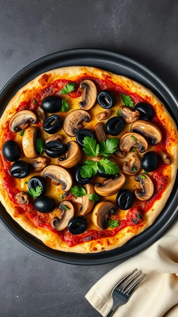 A delicious black olive and mushroom pizza topped with fresh parsley.