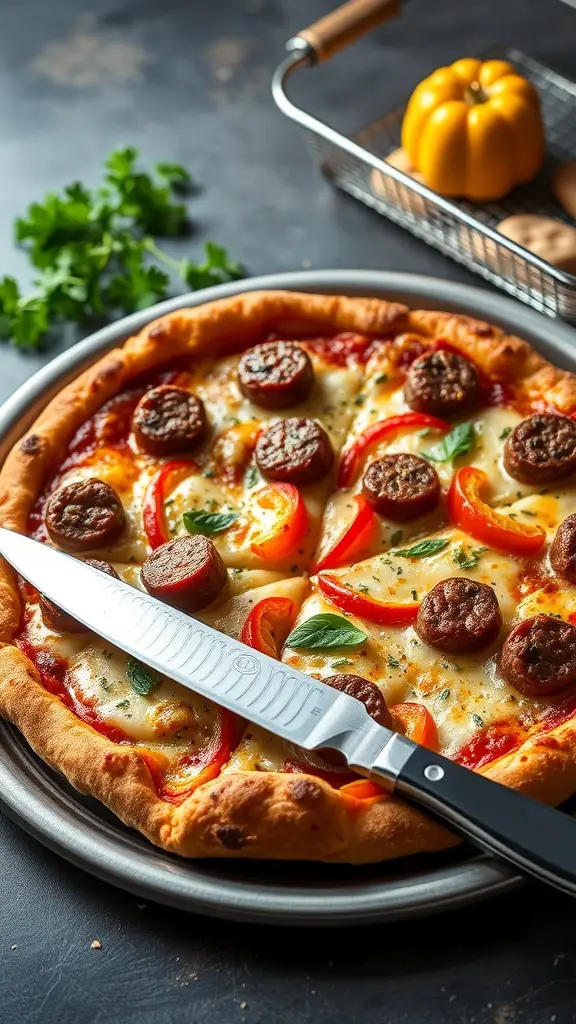 A delicious Valyrian Steel Sausage and Peppers Pizza with vibrant toppings.
