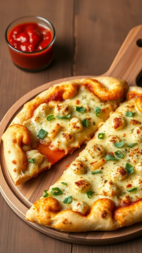 Cheesy garlic bread pizza slices on a wooden board with a side of marinara sauce.