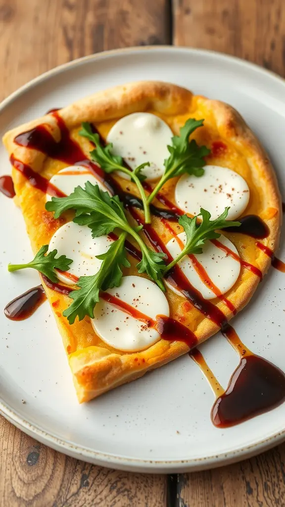 A delicious pizza topped with mushrooms and arugula, drizzled with truffle oil.