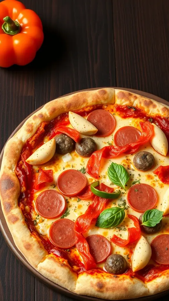 A delicious meat lovers pizza topped with various meats and garnished with fresh basil.