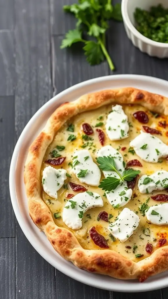 A delicious herb and goat cheese pizza topped with fresh parsley and sun-dried tomatoes, served on a white plate.