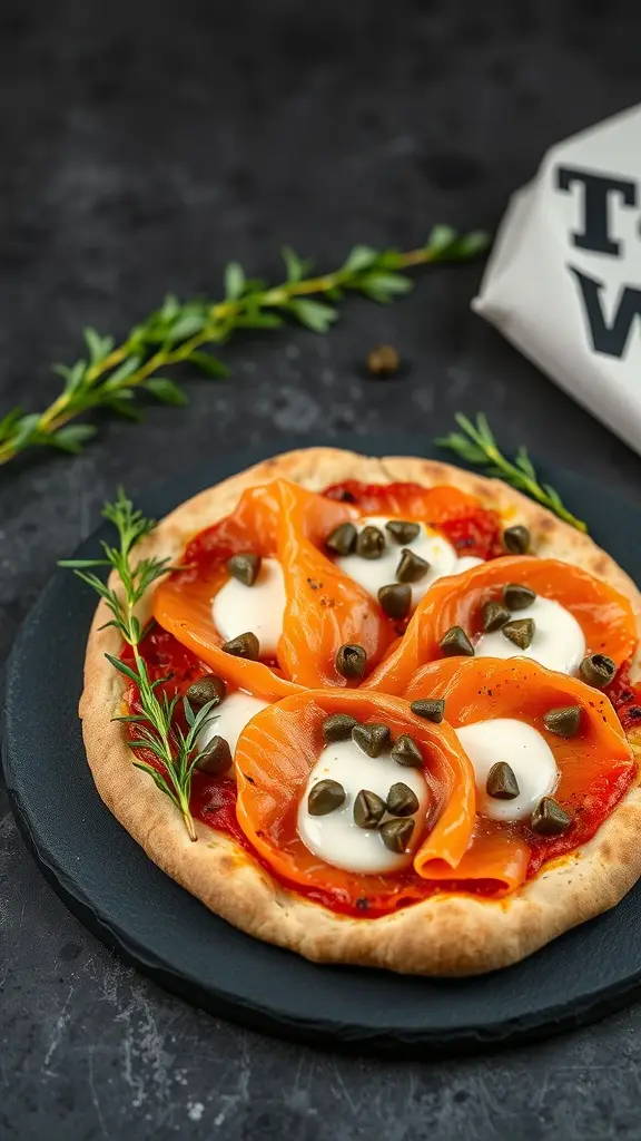 A delicious smoked salmon pizza topped with cream cheese, capers, and fresh dill.