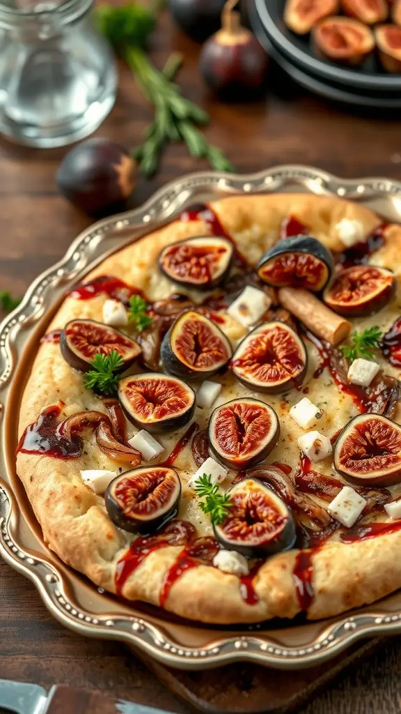 Caramelized onion and fig pizza on a white plate with fresh figs in the background.