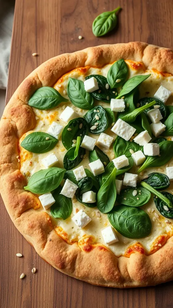 A delicious Spinach and Feta Pizza topped with fresh spinach and crumbled feta cheese on a wooden surface.