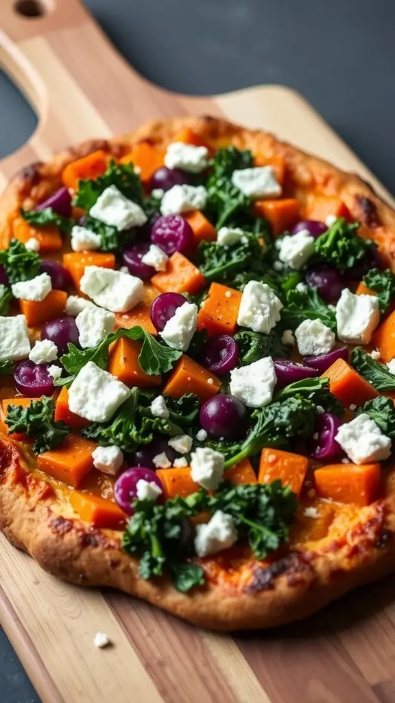 A delicious sweet potato and kale pizza topped with feta cheese on a wooden pizza peel.