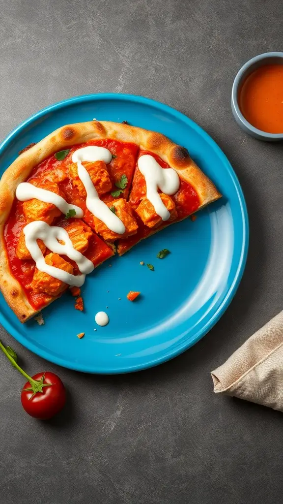 A slice of Buffalo Chicken Pizza on a blue plate with ranch dressing drizzled on top.