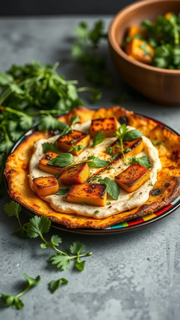 A delicious grilled veggie and hummus pizza topped with fresh herbs.