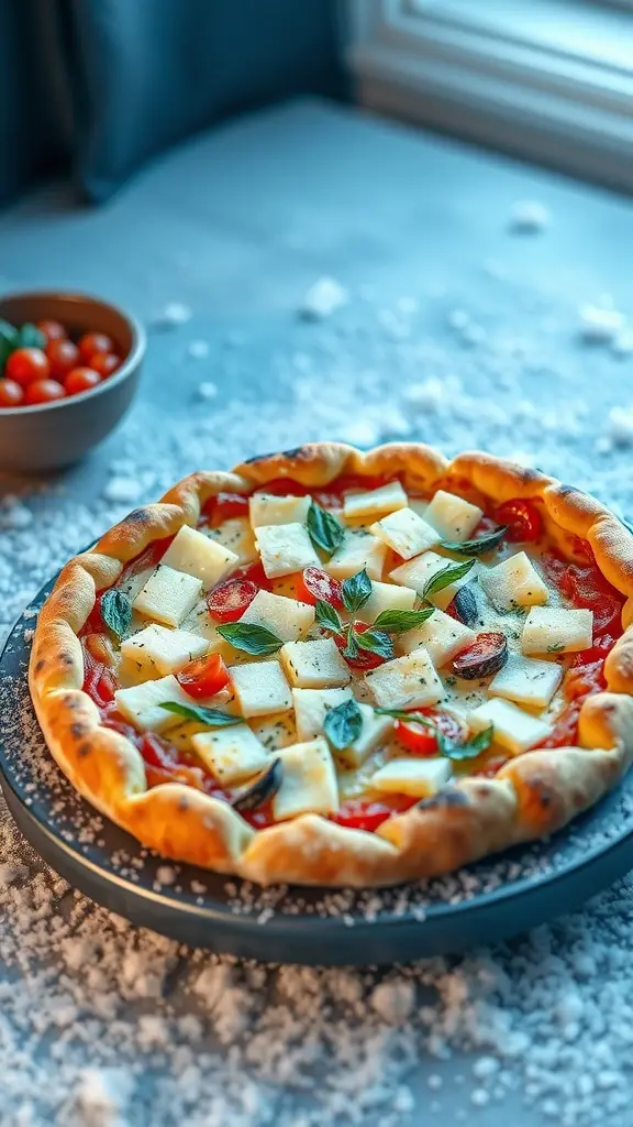 A delicious veggie pizza inspired by Game of Thrones, featuring colorful toppings and a golden crust.