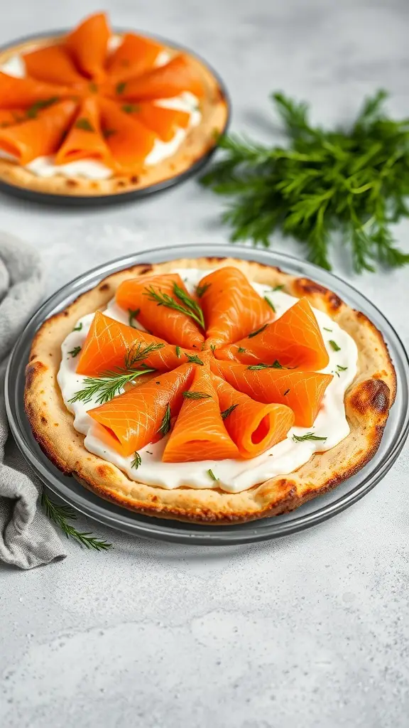 A delicious cold smoked salmon pizza topped with cream cheese and fresh dill.