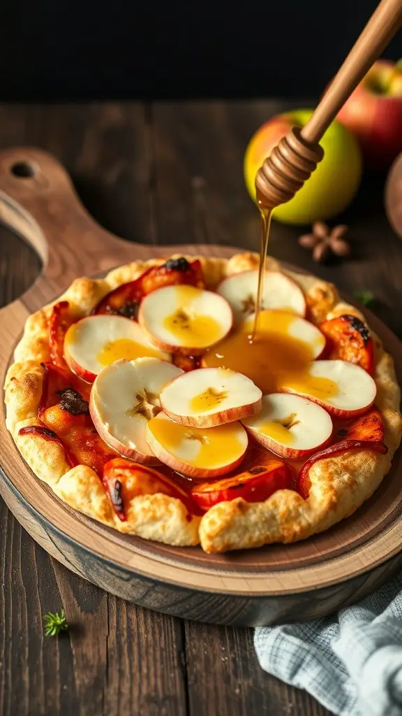 A delicious Apple and Brie Pizza drizzled with honey, showcasing a crispy crust and fresh apple slices.
