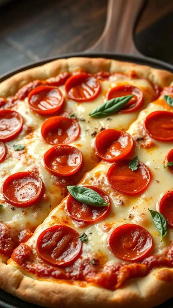 A classic pepperoni pizza with a golden crust and melted cheese, garnished with fresh herbs.