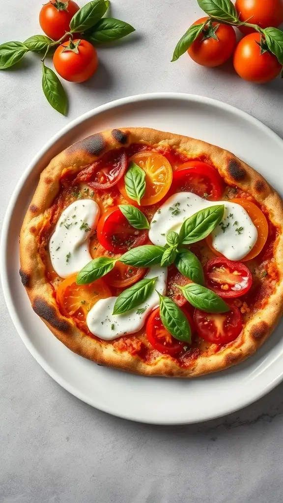 Heirloom Tomato and Burrata Pizza with fresh basil