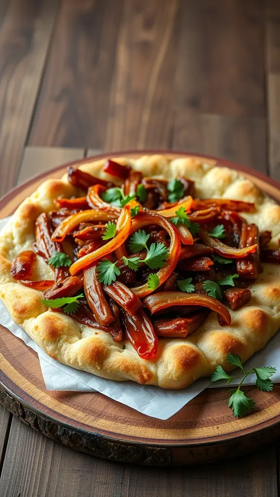 BBQ Pulled Pork Pizza topped with bell peppers and cilantro on a wooden board.