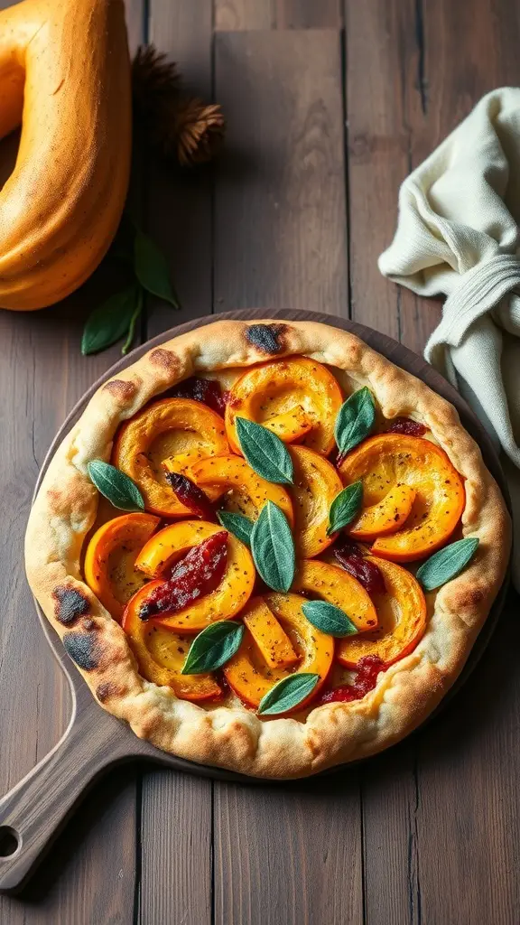 A delicious Winter Squash and Sage Pizza on a wooden board, garnished with fresh sage leaves.