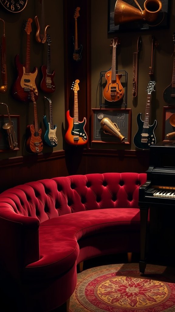 A plush red curved sofa in a cozy room adorned with musical instruments
