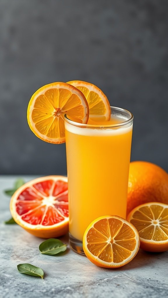 A refreshing glass of citrus juice with orange and lemon slices