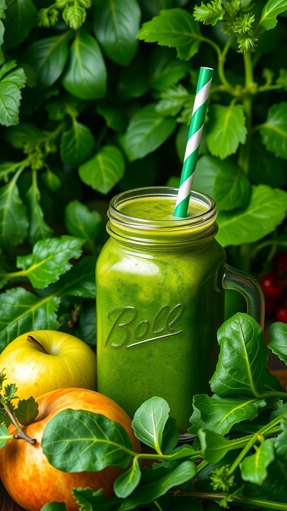 A refreshing green juice in a mason jar surrounded by fresh apples and leafy greens.