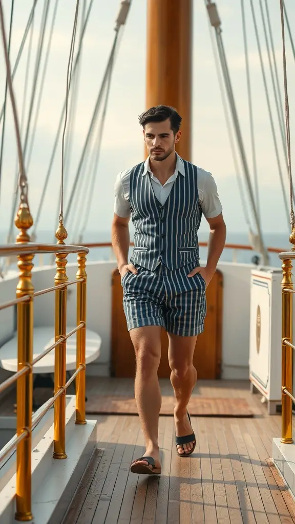 A man in vintage-style swimwear strolling on a deck of a cruiser, showcasing a stylish vest and shorts.
