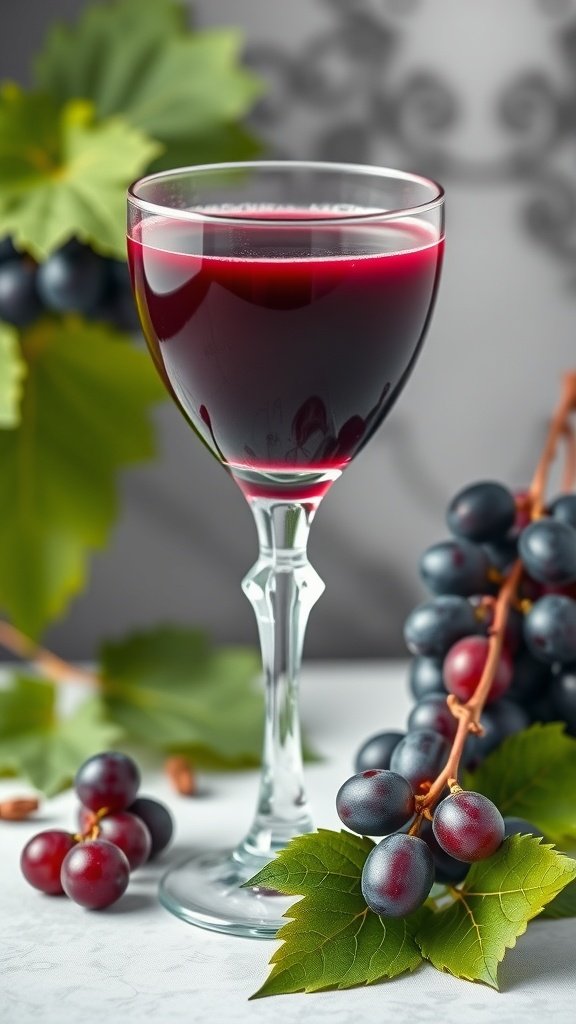 A glass of grape juice surrounded by fresh grapes and leaves.