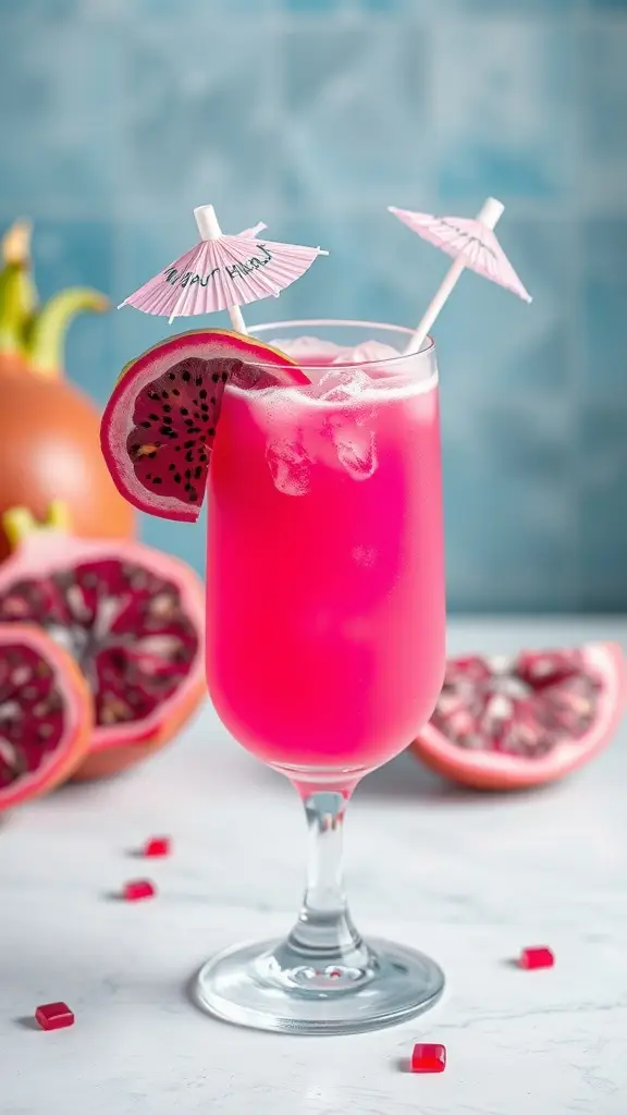 A vibrant pink drink in a glass with ice, garnished with a slice of dragonfruit and a pink umbrella, surrounded by fresh dragonfruit halves.