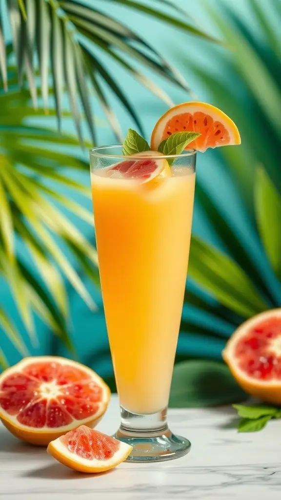 A refreshing Sarlacc Starfruit Splash drink with starfruit slices and mint leaves, set against a tropical background.