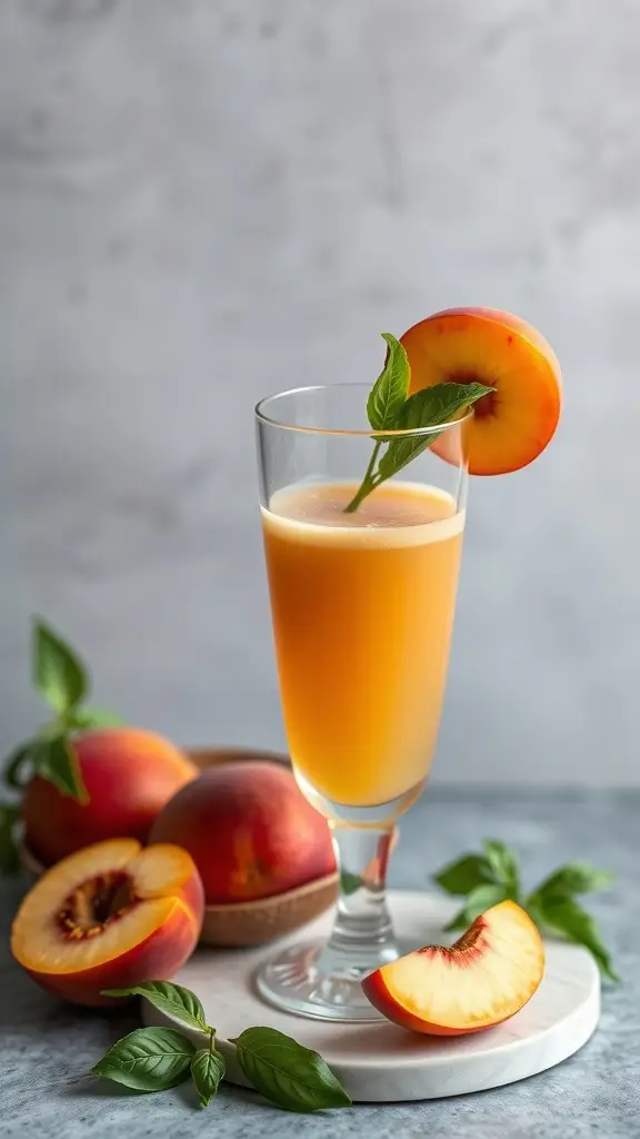 A glass of Naboo Nectarine Nectar garnished with a slice of nectarine and mint leaves, surrounded by fresh nectarines.