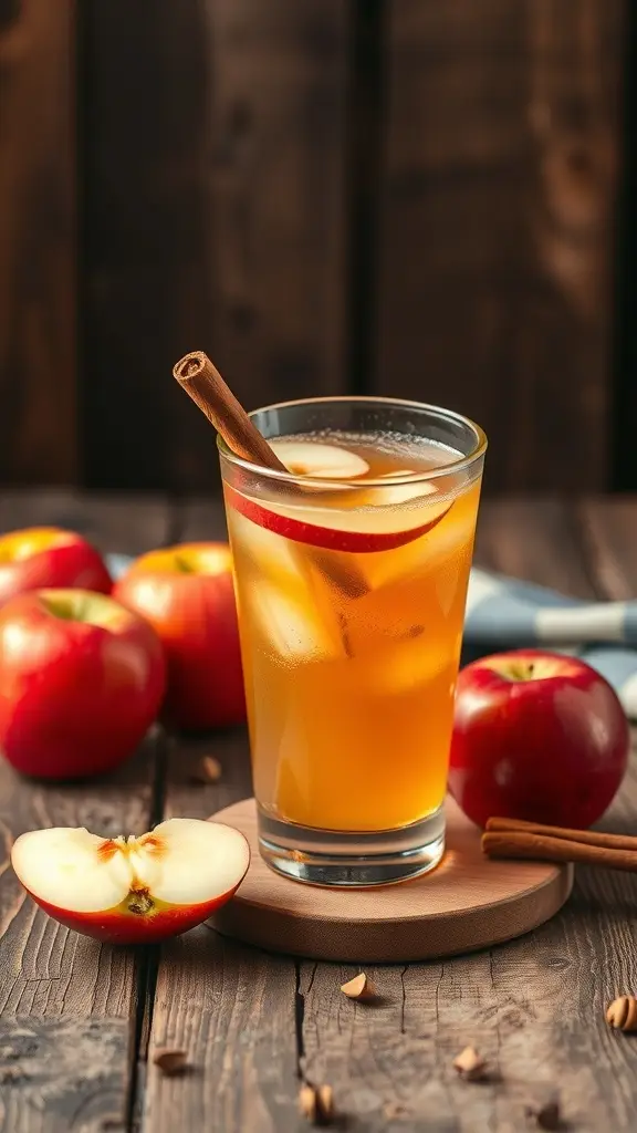 A glass of Endor Apple Orchard Juice with apples and cinnamon on a wooden table.