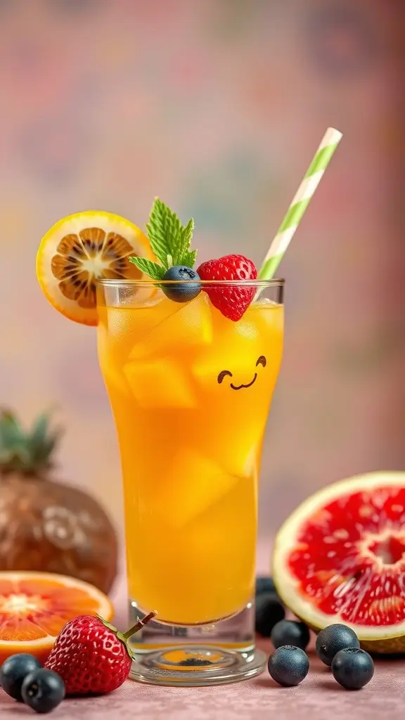 A vibrant glass of Jawa Juice with fresh fruit garnishes
