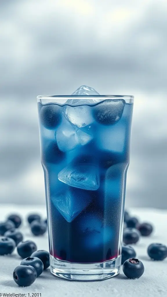 A refreshing glass of Bespin Blueberry Breeze juice with ice and blueberries.