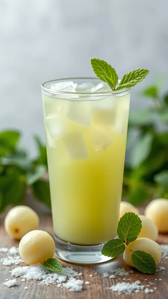 A refreshing glass of honeydew juice with mint leaves and honeydew pieces around it.