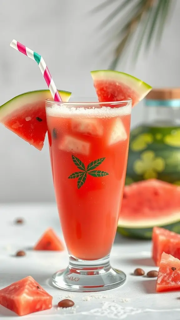 A refreshing watermelon drink in a glass with a straw and watermelon slices as garnish.