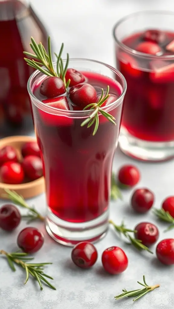 A refreshing glass of Clone Trooper Cranberry Cooler with cranberries and rosemary garnish.