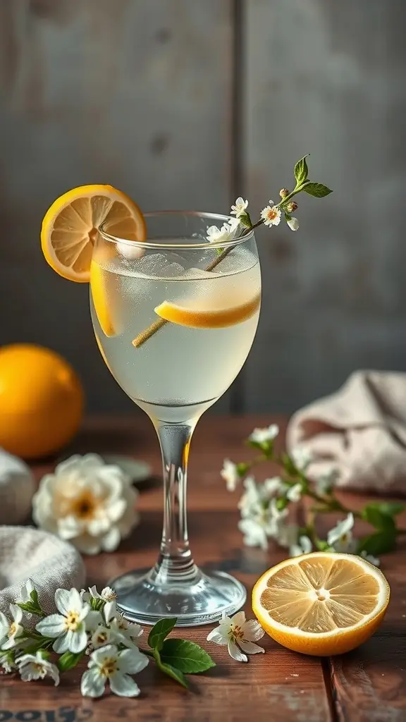 A refreshing glass of Ewok Elderflower Essence with lemon slices and mint leaves