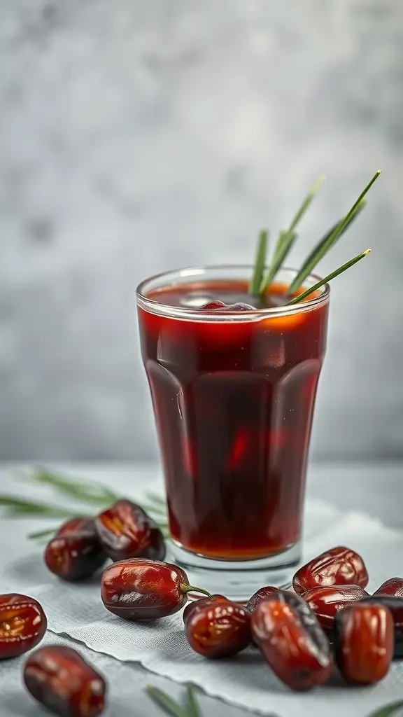 A glass of Droid Date Delight juice with dates and herbs