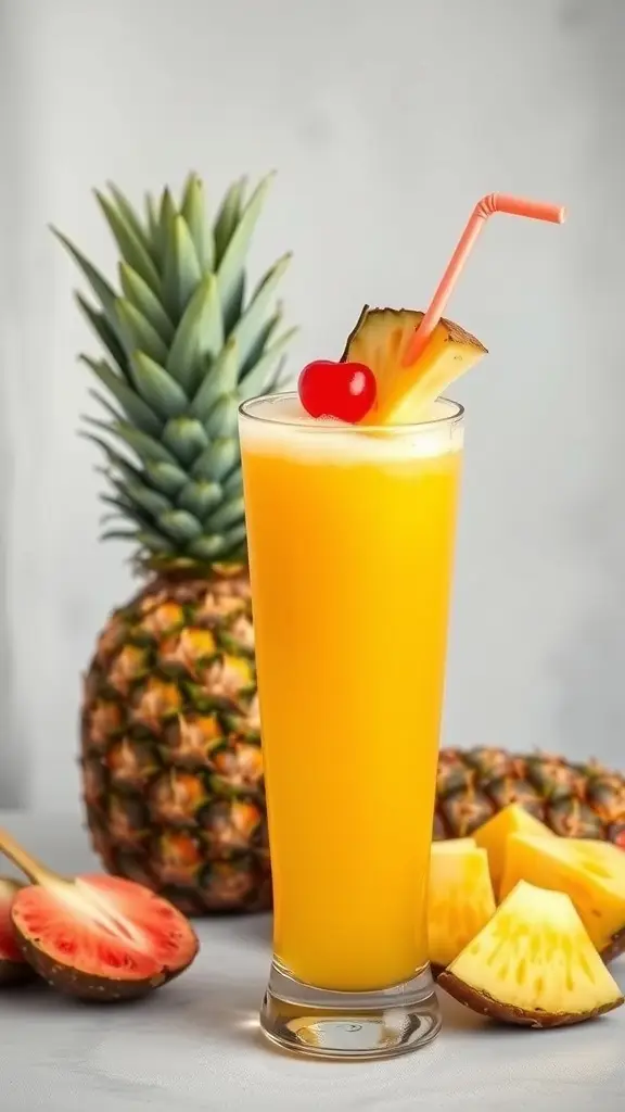 A refreshing glass of Podracer Pineapple Punch with pineapple and cherries.