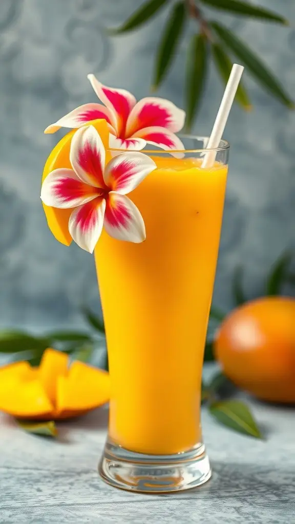 A refreshing mango juice with flowers and garnishes in a glass