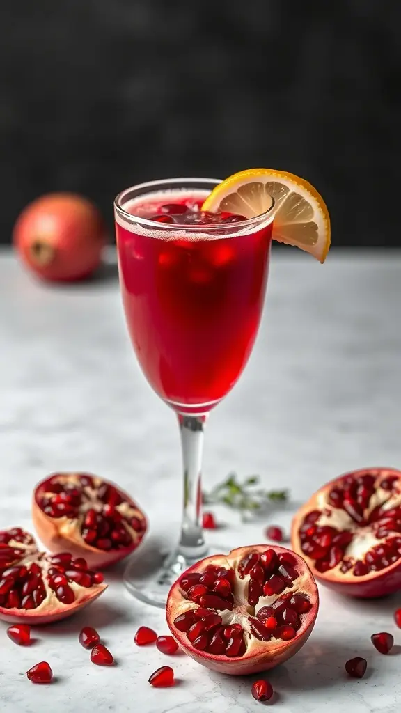 A refreshing glass of pomegranate juice garnished with a lemon slice, surrounded by pomegranate halves and seeds.