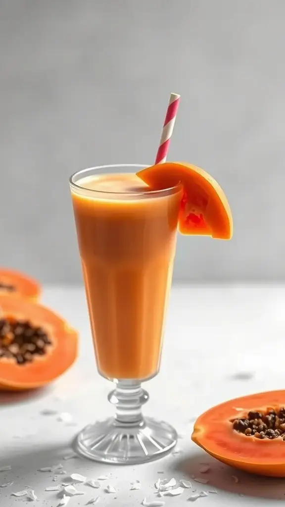 A refreshing glass of papaya juice with a slice of papaya and a straw, surrounded by halved papayas.