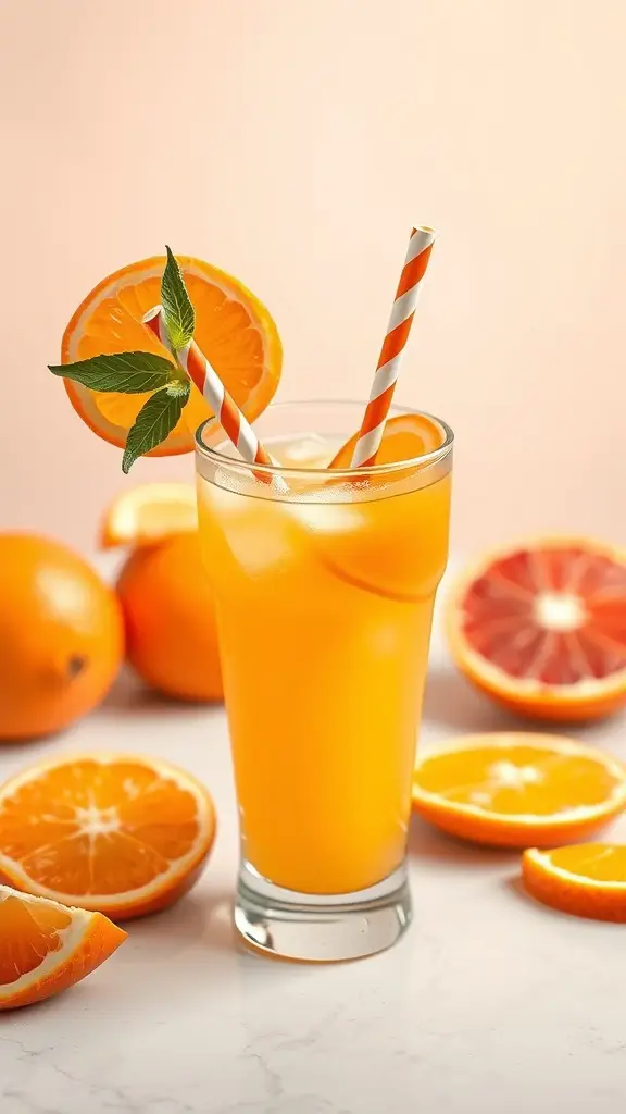 A refreshing glass of tangerine juice garnished with mint and orange slices, surrounded by fresh tangerines.